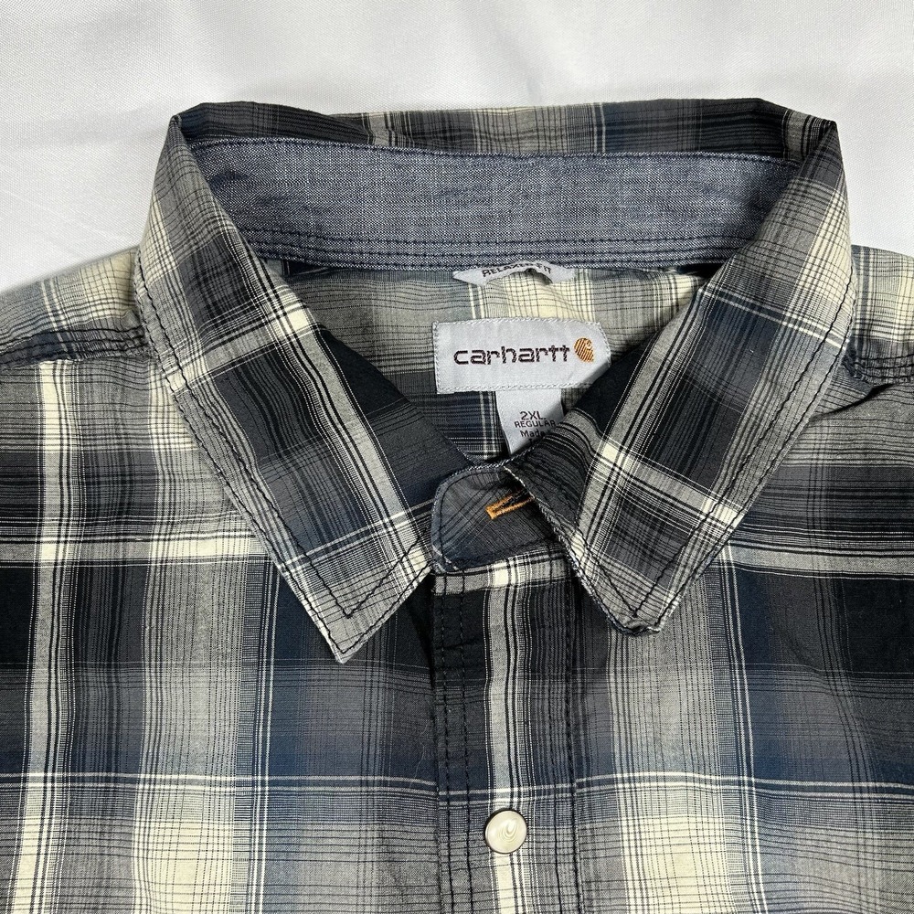 Carhartt Pearl Snap Shirt Mens 2XL XXL Blue Plaid Relaxed Fit Western Work EUC - Picture 4 of 14